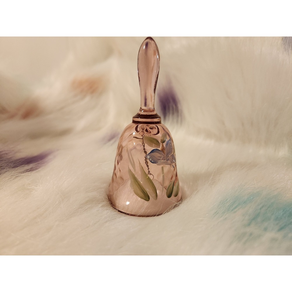 Fenton Pink Handpainted Floral Glass Bell Signed C Farley Made in USA Vintage